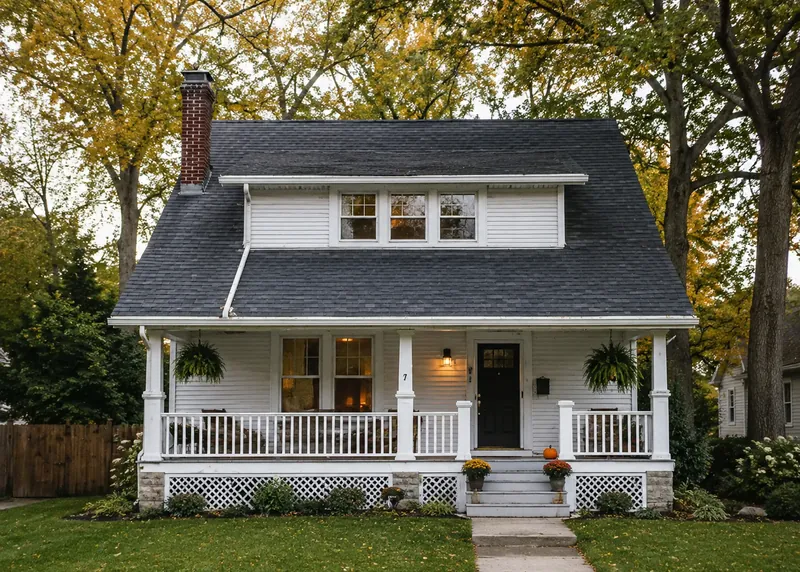 Une maison à bardage blanc avec une véranda couverte au milieu d'arbres automnaux
