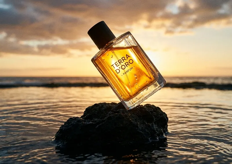Un flacon de parfum Terra d'Oro posé en équilibre sur un rocher en mer au coucher du soleil