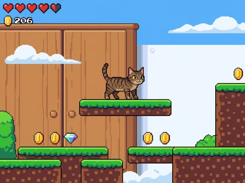 Un chat tigré en héros d'un jeu de plateforme rétro en pixel art, courant sur des plateformes herbeuses entre des pièces et un joyau