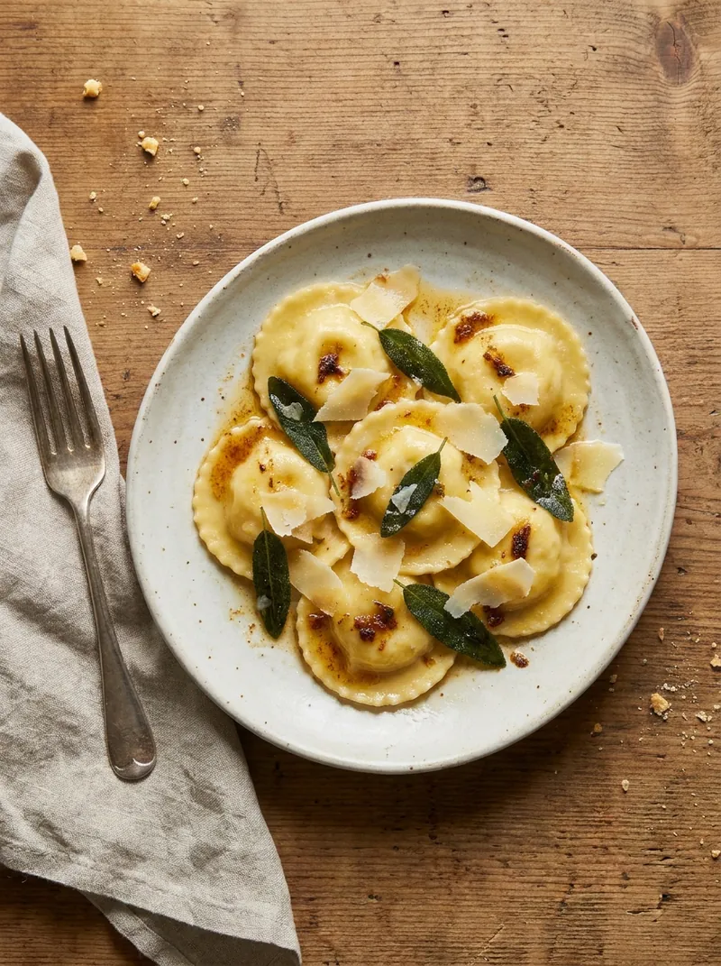 Vue de dessus d'une assiette de raviolis à la sauge, au parmesan râpé et à la serviette en lin