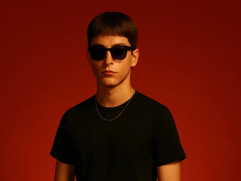 Un jeune homme en t-shirt noir et lunettes de soleil sur un fond de studio rouge profond