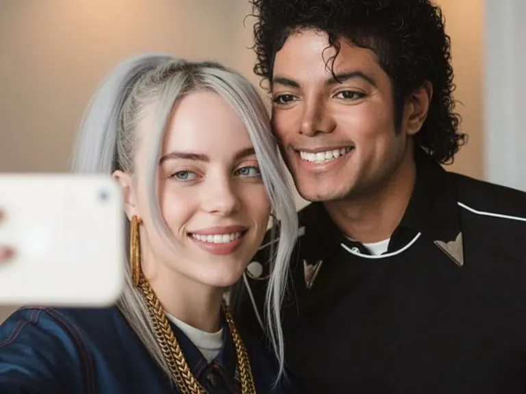 Un selfie composite de deux stars de la musique posant ensemble devant un appareil photo de téléphone