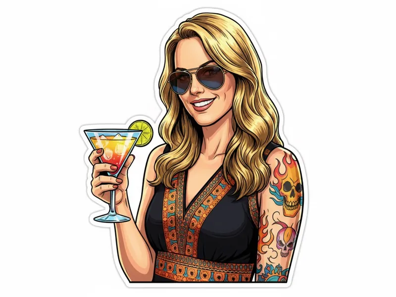 Une illustration style sticker découpé représentant une femme souriante tenant un cocktail