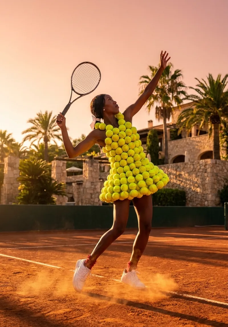 Une joueuse de tennis en plein service sur terre battue au coucher du soleil, vêtue d'une robe entièrement faite de balles de tennis