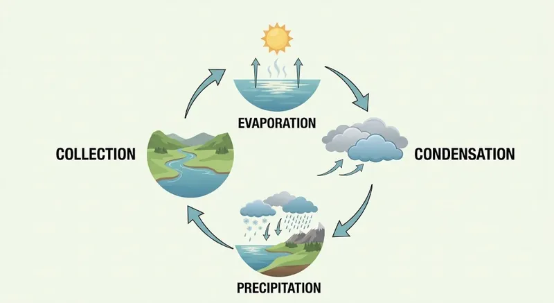 A flat vector water cycle diagram on a pale background, four stages arranged clockwise and labelled Evaporation, Condensation, Precipitation and Collection, joined by curved arrows.
