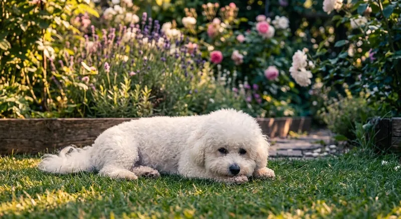 After the edit, the same dog in the same pose and framing relit as late afternoon, with warm low sun and longer shadows across the grass.