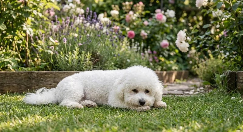 Before the edit, a white curly coated dog lying on grass in a garden of roses and lavender under flat daylight.