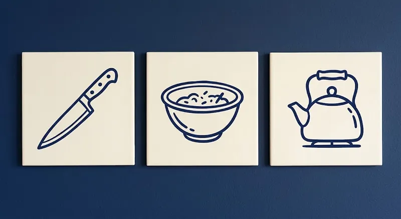 Three cream square tiles on a deep navy wall carrying matching navy line icons of a chef's knife, a mixing bowl and a stovetop kettle in uniform line weight.