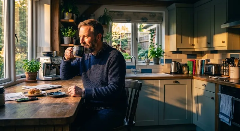 Strong prompt result, the same kitchen with low sun through the window, long shadows thrown across the cabinets and floor, warm highlights against cooler shadows.