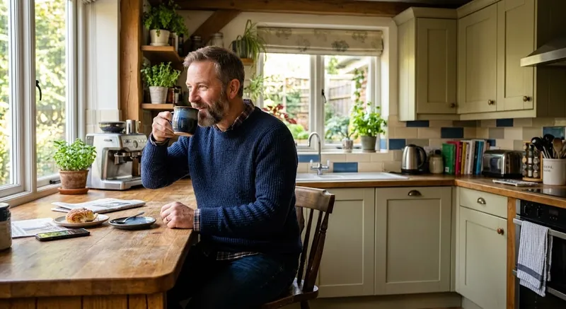 Weak prompt result, a man drinking coffee in a bright kitchen under flat even daylight with no directional light and no visible shadows.