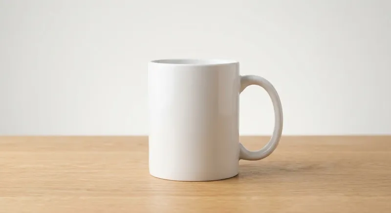 Strong prompt result, a plain white ceramic mug on a light oak surface against a clean seamless background, lit softly from the left.