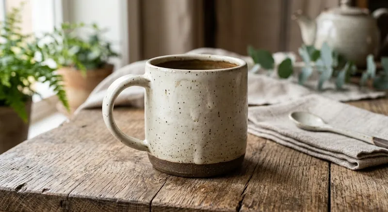 Weak prompt result, a speckled stoneware mug on weathered wood surrounded by ferns, folded linen and a teapot, an attractive lifestyle scene rather than the clean product shot requested.