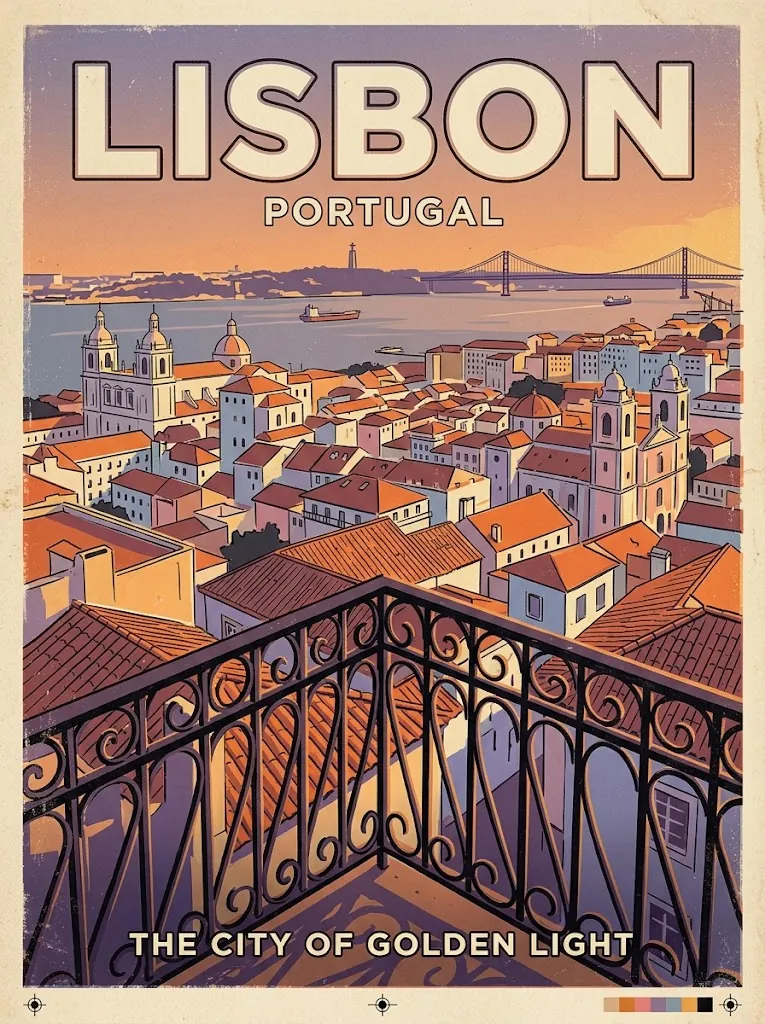 Mid century screen print poster of Lisbon rooftops at golden hour seen from a wrought iron balcony, headline LISBON with the words Portugal and The City of Golden Light added by the model.