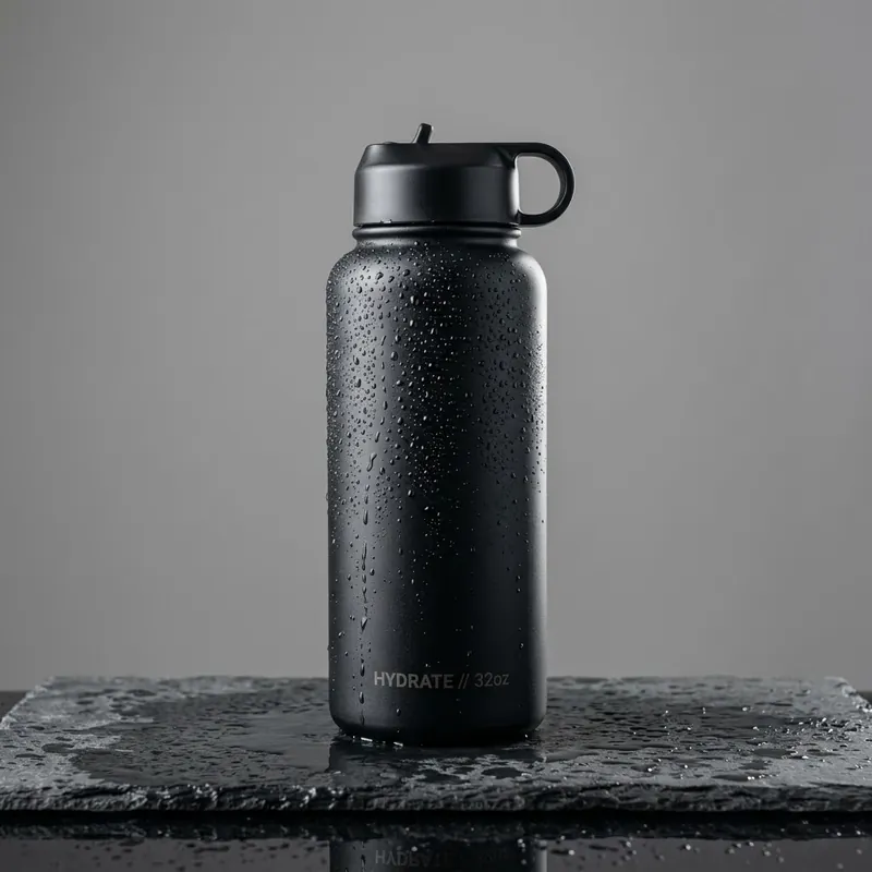 A matte black insulated water bottle on wet slate, condensation beading down the side, soft light from the left with a rim highlight on the right edge, and HYDRATE 32oz printed on it by the model.