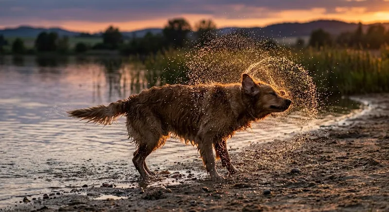 A golden retriever mid shake at a lake edge at sunset, water flying off in a backlit ring around him, shot side on at dog height.