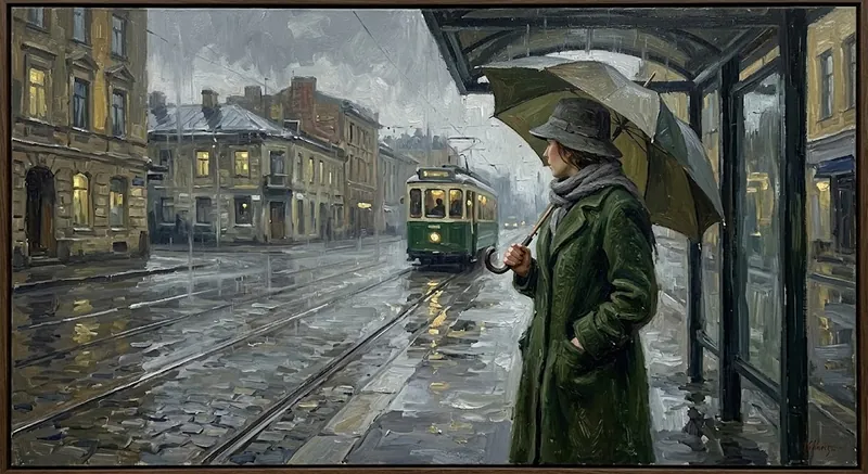 Strong prompt result, an oil painting of a woman under an umbrella at a rainy tram stop, visible brush texture and muted greens and greys, a green tram approaching over wet cobbles.