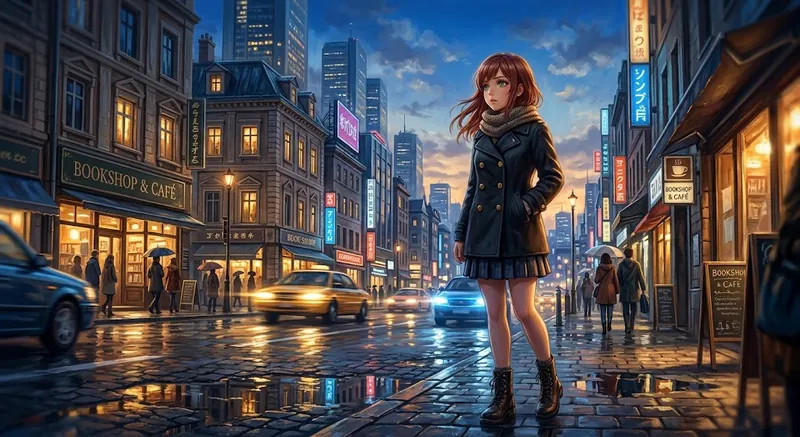 Weak prompt result, a glossy anime illustration of a woman in a dark coat on a wet neon lit city street at dusk, showing none of the oil painting texture the prompt asked for.