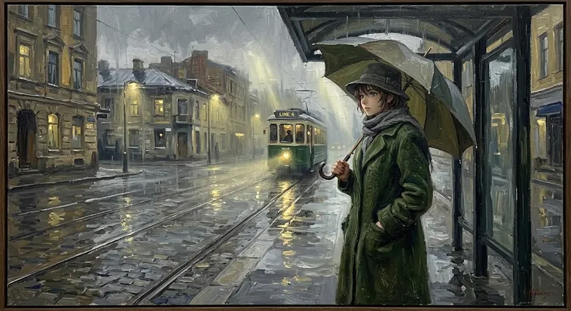 Second run of the same weak prompt, an oil painted rainy tram stop with visible brushwork but the woman's face rendered in anime proportions, plus an invented destination board reading LINE 4.