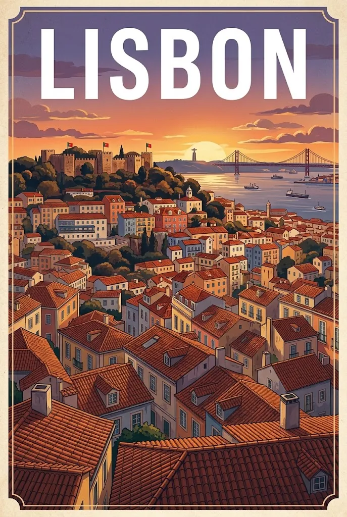 Strong prompt result, a Lisbon travel poster carrying the single headline LISBON in bold white sans-serif across the top third above terracotta rooftops at sunset.