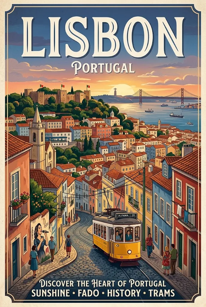 Weak prompt result, a busy vintage Lisbon travel poster with an ornate serif title and an invented strapline reading Discover the Heart of Portugal, Sunshine, Fado, History, Trams.