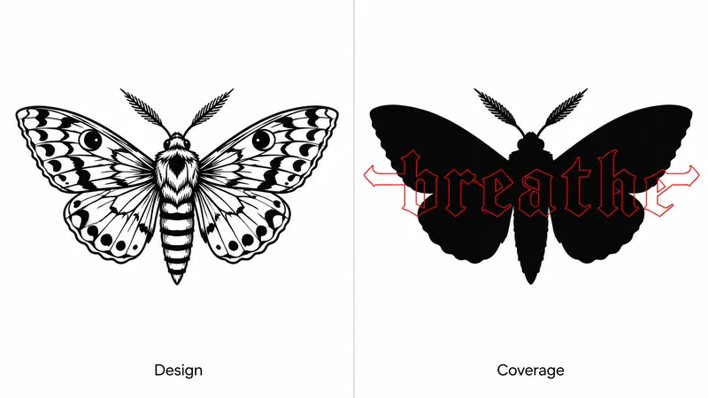 Two panels comparing a moth tattoo as detailed black linework labelled Design and as a flat black silhouette labelled Coverage, with the word breathe in red gothic lettering overlaid on the silhouette and both ends of the word extending past the wings