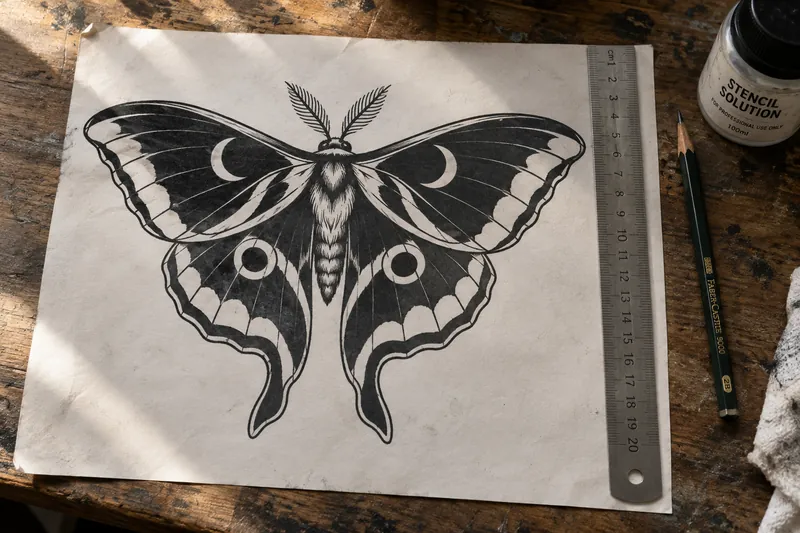 A heavy blackwork moth drawn as dense black tattoo stencil linework on aged paper on a wooden studio bench, with a steel centimetre ruler, a pencil and a bottle of stencil solution beside it