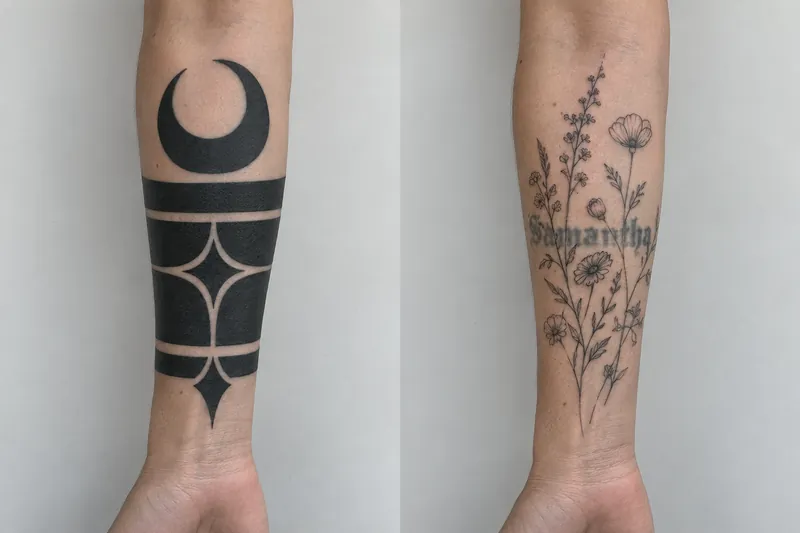 Two forearms side by side, the left carrying a dense blackwork design of a solid crescent and geometric bands that hides the skin completely, the right carrying fine line wildflowers through which a faded gothic name tattoo reading Samantha is still clearly visible