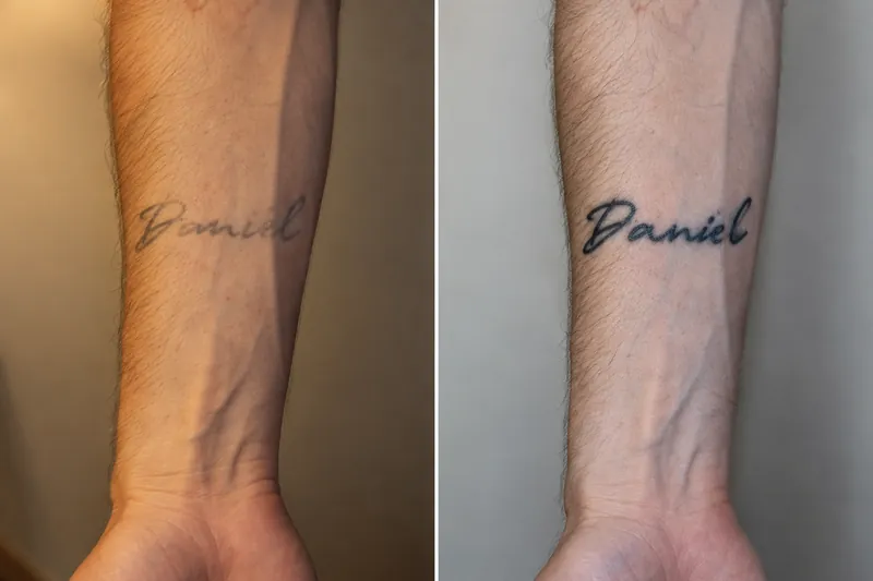 The same forearm script tattoo reading Daniel photographed twice, appearing thin and faded under warm indoor lamplight on the left and noticeably darker and sharper in flat cool daylight on the right