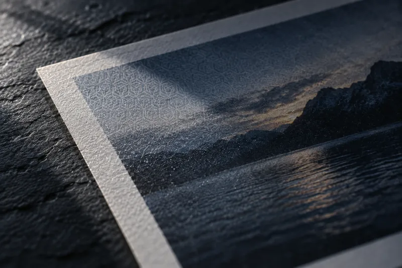 A macro shot of a printed landscape photograph on slate, with a faint repeating geometric pattern visible across its surface under raking light