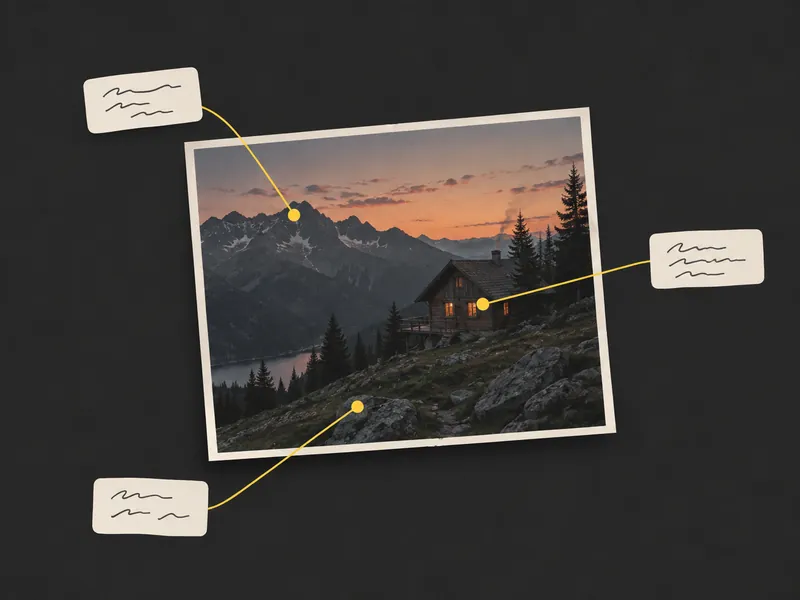 An illustration of a printed photo of a mountain cabin at dusk with three yellow comment pins attached to the sky, the cabin window and a rock, each linked to a small note card