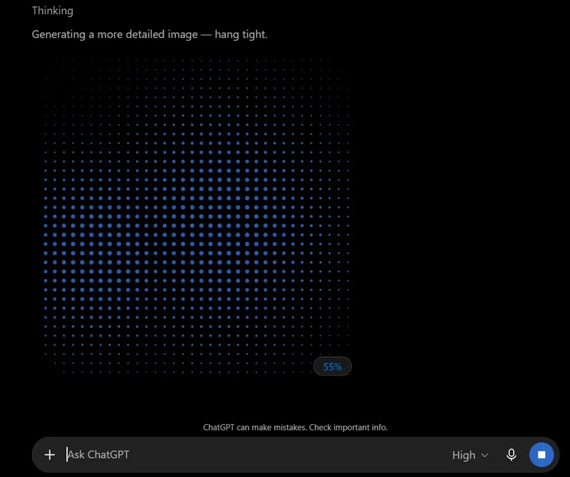 The ChatGPT interface generating an image, showing a dotted progress grid at 55 percent and the quality selector set to High