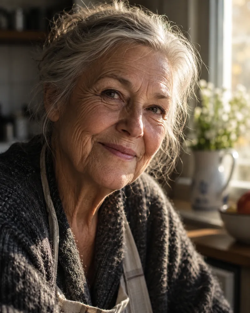 A close-up portrait of an older woman by a kitchen window in low afternoon sun, showing fine skin texture, laugh lines and individual strands of grey hair