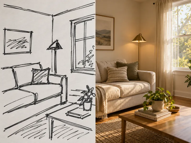 A split image with a rough marker sketch of a living room on the left and the same layout rendered as a photorealistic sunlit interior on the right