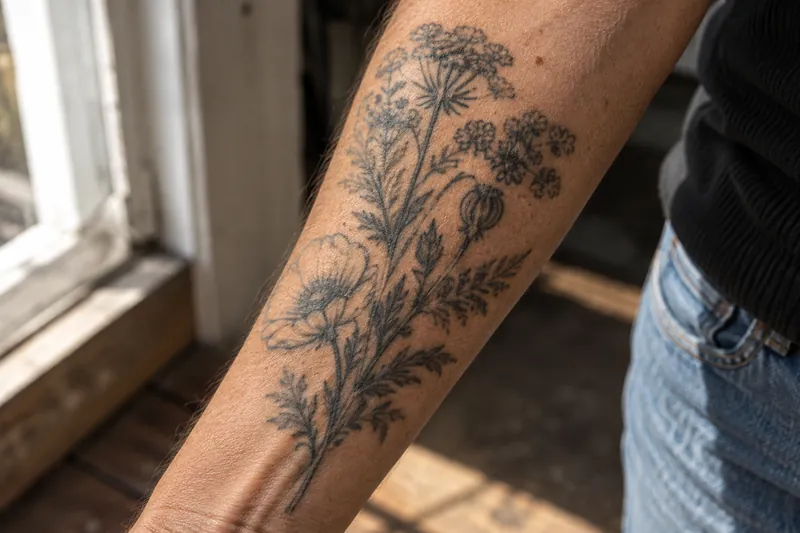 A healed fine-line botanical tattoo of yarrow, poppy and cow parsley on a forearm in daylight, the thinnest lines visibly softened and spread with age while the bolder stems stay clear