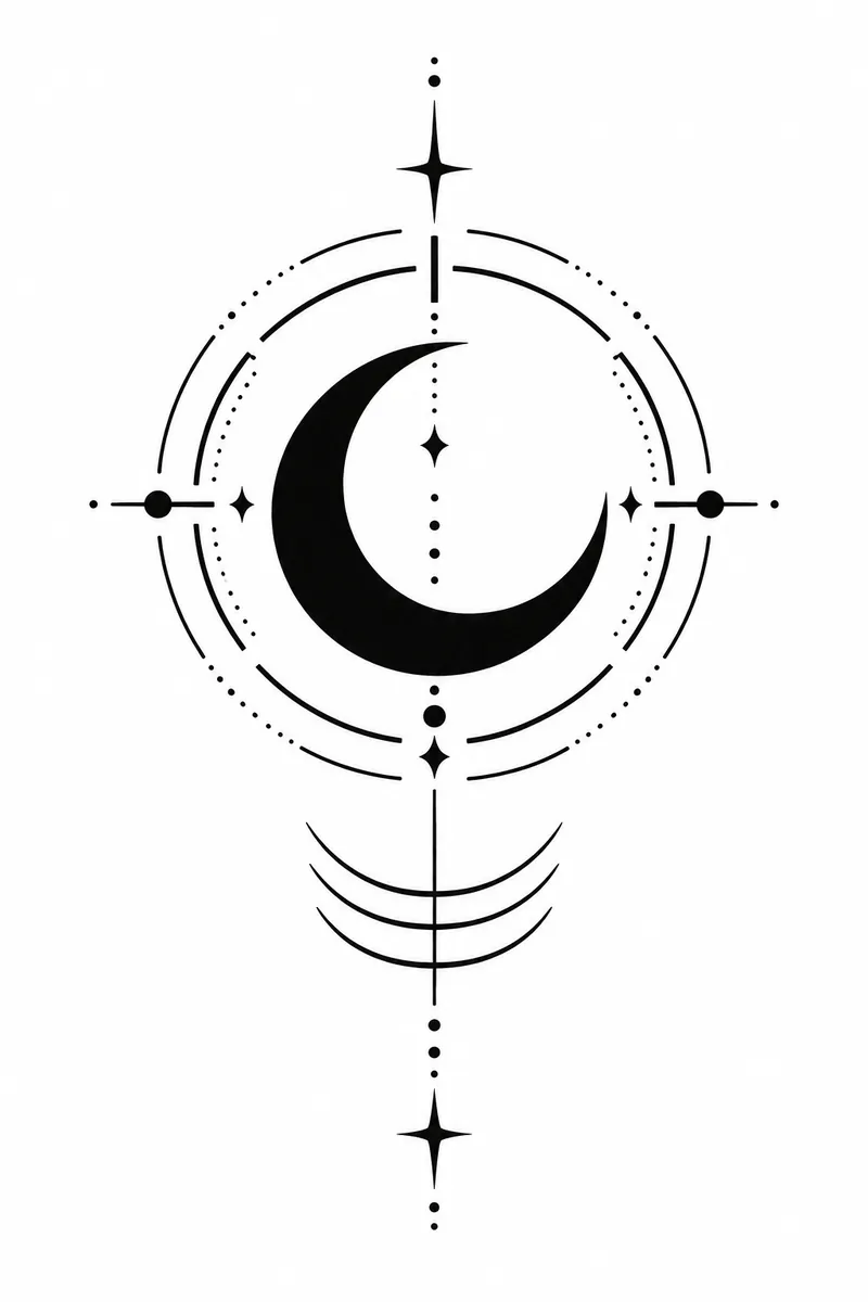 Blackwork tattoo stencil of a solid black crescent moon inside a broken dotted circle, with four-point stars above and below and three curved bands beneath
