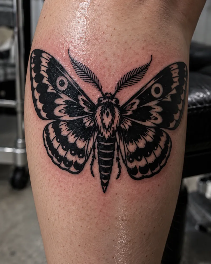 A freshly finished blackwork moth tattoo on a calf with dense solid black wing markings, the surrounding skin still pink and shining with ointment