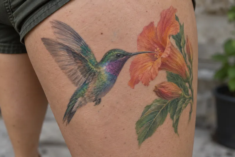 A healed colour realism tattoo on a thigh of a green and violet hummingbird feeding at an orange hibiscus, rendered in soft gradients with no black outlines