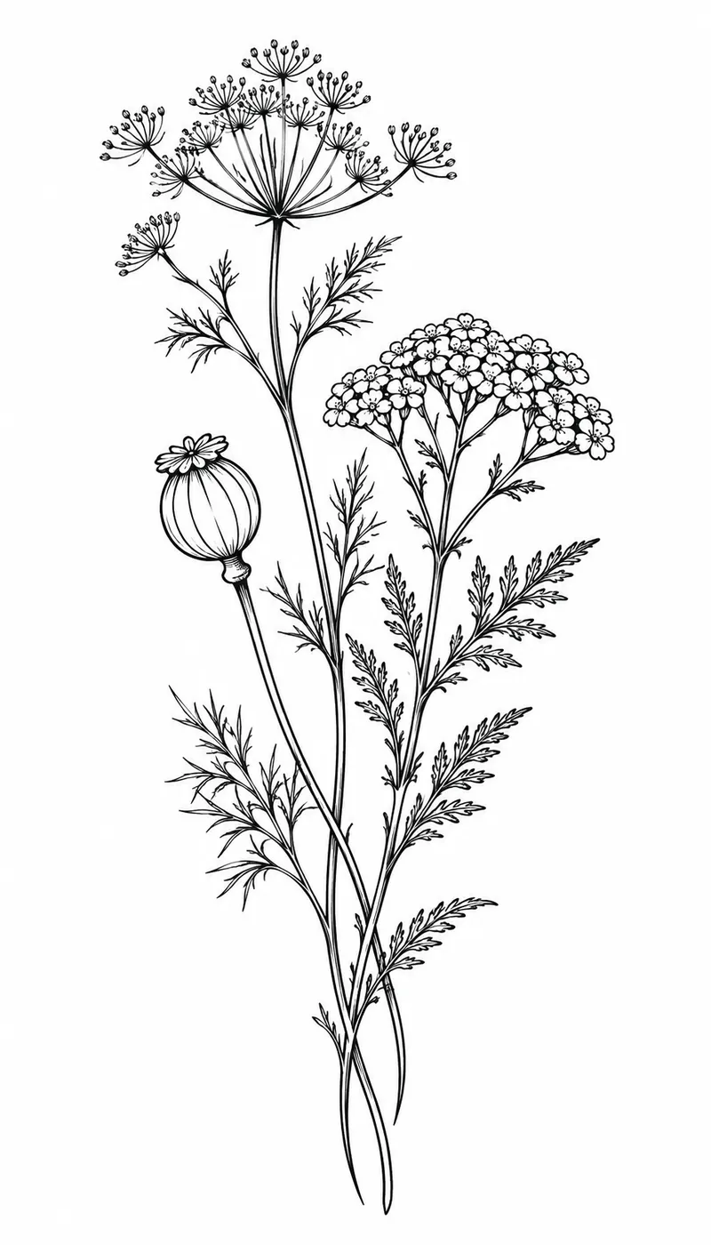 Fine-line tattoo stencil of a wild botanical sprig with cow parsley, yarrow and a poppy seed head, drawn in delicate black linework on white