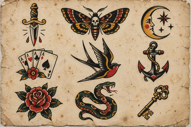 Aged tattoo flash sheet showing nine traditional designs in red, gold and green: a dagger, a death's-head hawkmoth, a crescent moon with stars, four aces with a rose, a swallow in flight, an anchor, a rose, a coiled snake and an ornate key