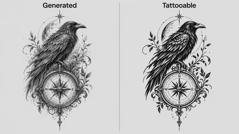Side-by-side comparison of a raven and compass design, labelled Generated on the left with fine grey shading and photographic feather detail, and Tattooable on the right reduced to bold black linework with open space