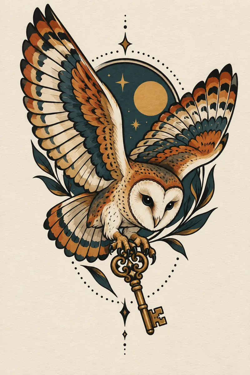Neo-traditional tattoo design of a barn owl in flight clutching a brass key, painted in teal, burnt orange and cream over bold black linework against a moon and stars