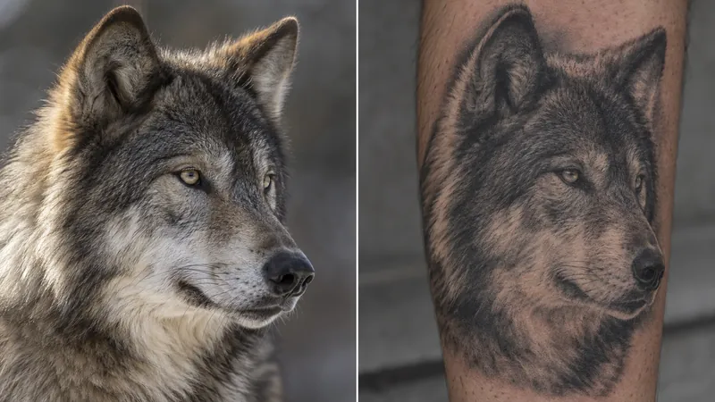 A daylight photograph of a wolf's head beside the same wolf rendered as a healed black and grey realism tattoo on a forearm, the light direction preserved and the detail reduced for skin