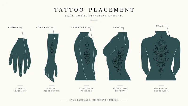 Tattoo placement diagram subtitled Same motif, different canvas, showing the same floral and crescent moon design scaled across a finger, forearm, upper arm, ribs and back, labelled from a small statement to the fullest expression