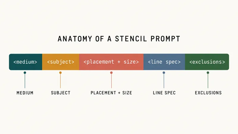 Diagram titled Anatomy of a Stencil Prompt, showing a prompt bar split into five colour-coded segments labelled medium, subject, placement plus size, line spec and exclusions
