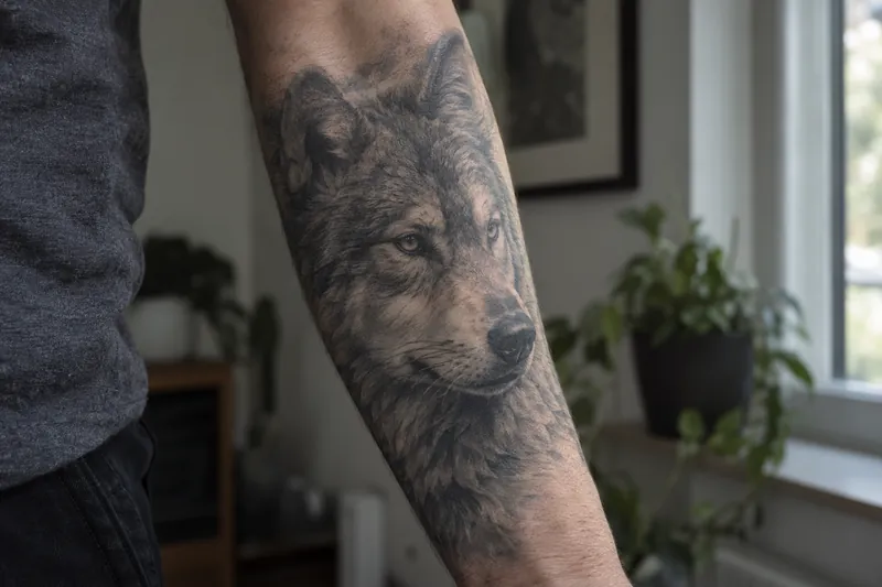 A healed black and grey realism tattoo of a wolf's head covering a forearm, built from smooth tonal shading with no outlines, photographed by a window