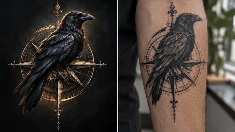 A glossy AI render of a raven on a gold compass rose beside a photograph of the same design tattooed on a forearm in black and grey, with the detail visibly simplified for skin
