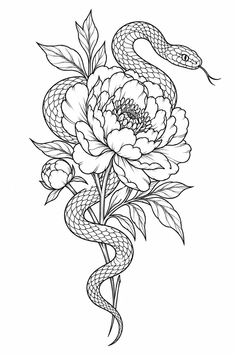Tattoo stencil of a scaled snake coiled around an open peony with leaves, drawn entirely in clean black outline with open gaps and no shading