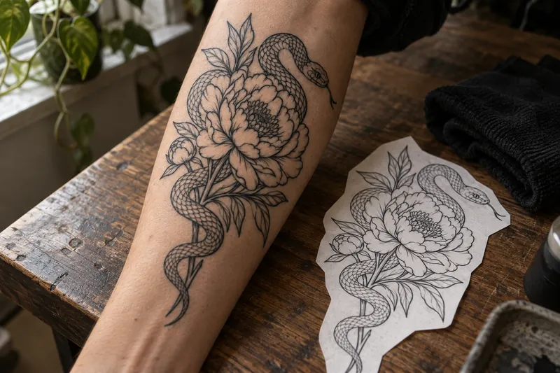 A snake and peony tattooed in fine black linework on a forearm resting on a wooden studio bench, with the matching paper stencil of the same design lying beside it
