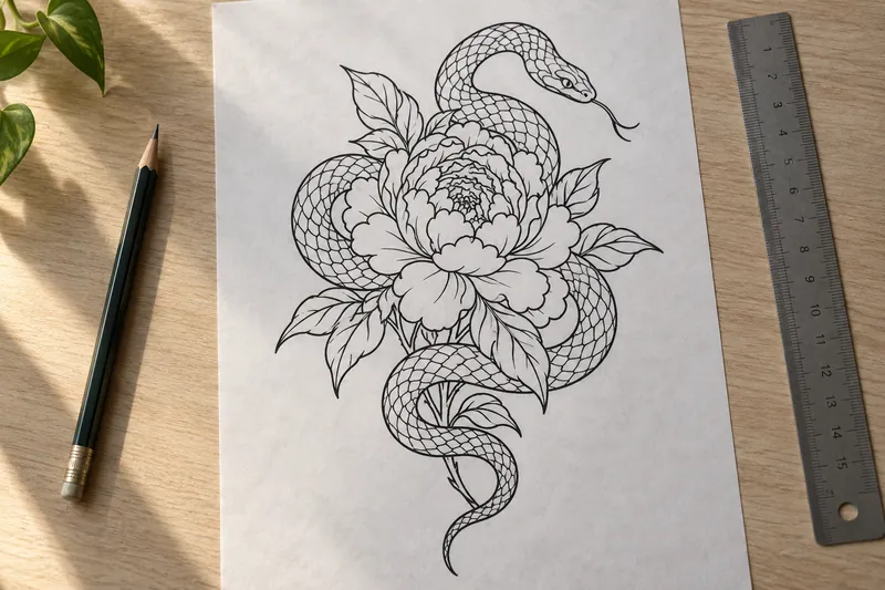 A snake coiled around an open peony drawn as clean black tattoo stencil linework on paper, with a pencil and a steel ruler beside it showing the design measures about 15 centimetres