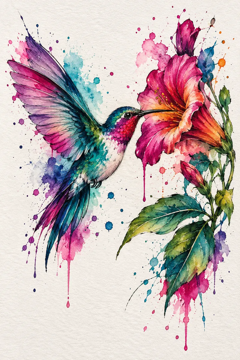 Watercolour-style tattoo design of a hummingbird at a pink hibiscus, with magenta, violet and teal washes bleeding past the linework and paint drips below